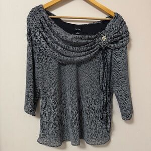 MSK (L) black scoop boat drapped neck polka dot floral 3/4 sleeve blouse top